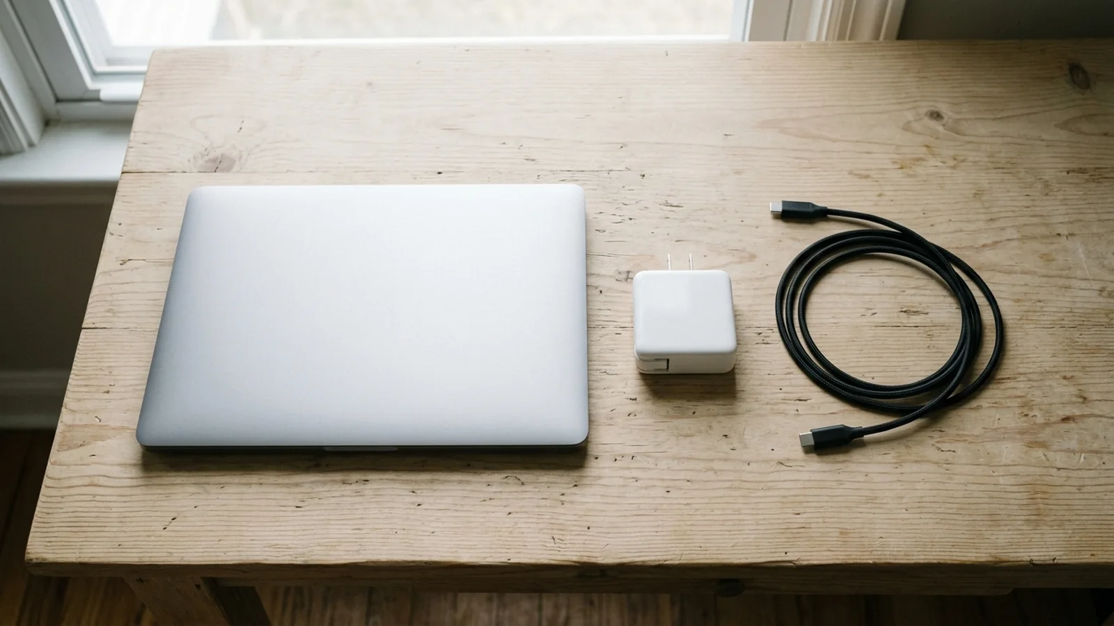 A closed silver laptop, a white wall charger and a loose black cable on a wood desk