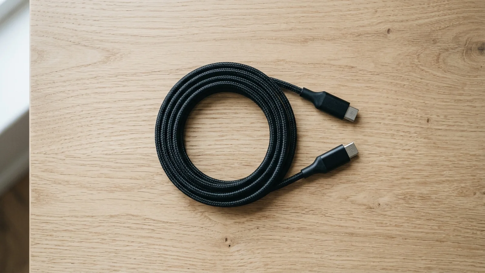 A coiled black braided cable with two USB-C plugs on a pale wood desk