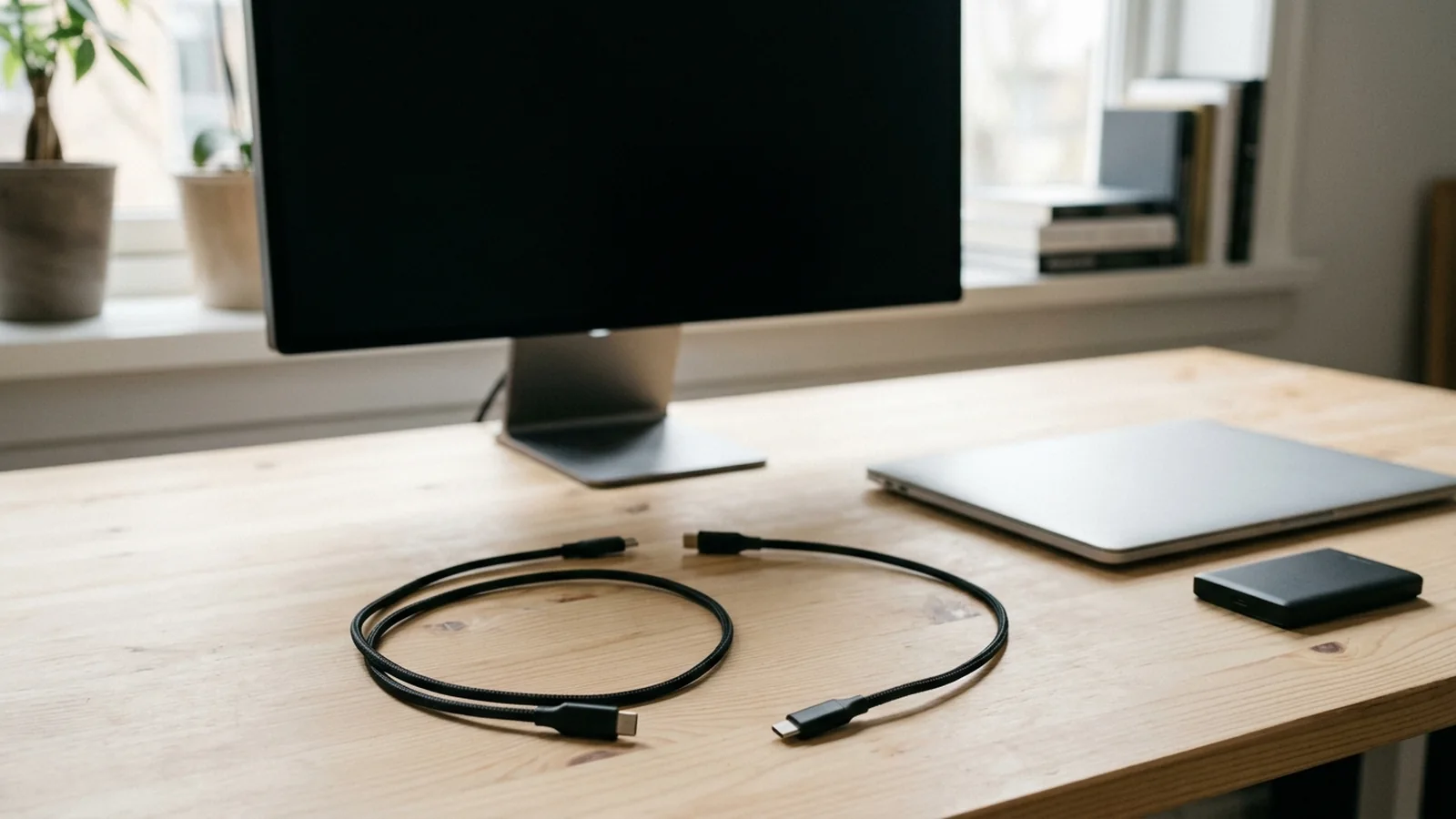 A dark monitor, a closed silver laptop, a portable drive and loose cables on a wood desk