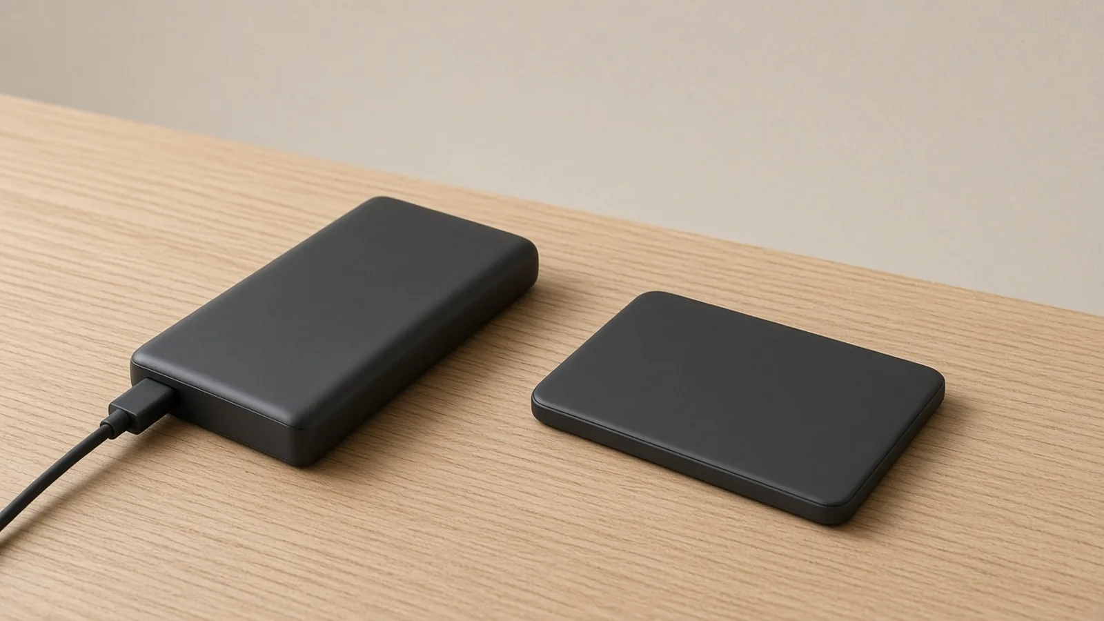 A black cable plugged into one dark charger on a wood counter, with a second thinner charger sitting unplugged beside it
