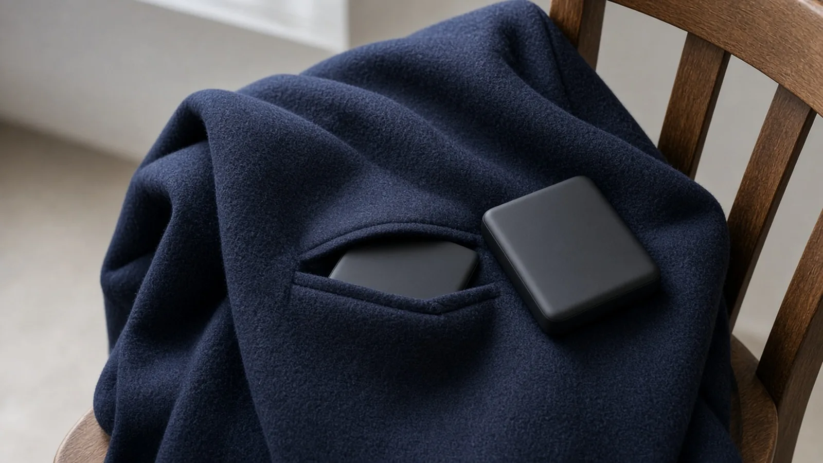 A thin dark charger lying in a navy coat pocket, with a thicker dark charger resting on the coat beside the pocket