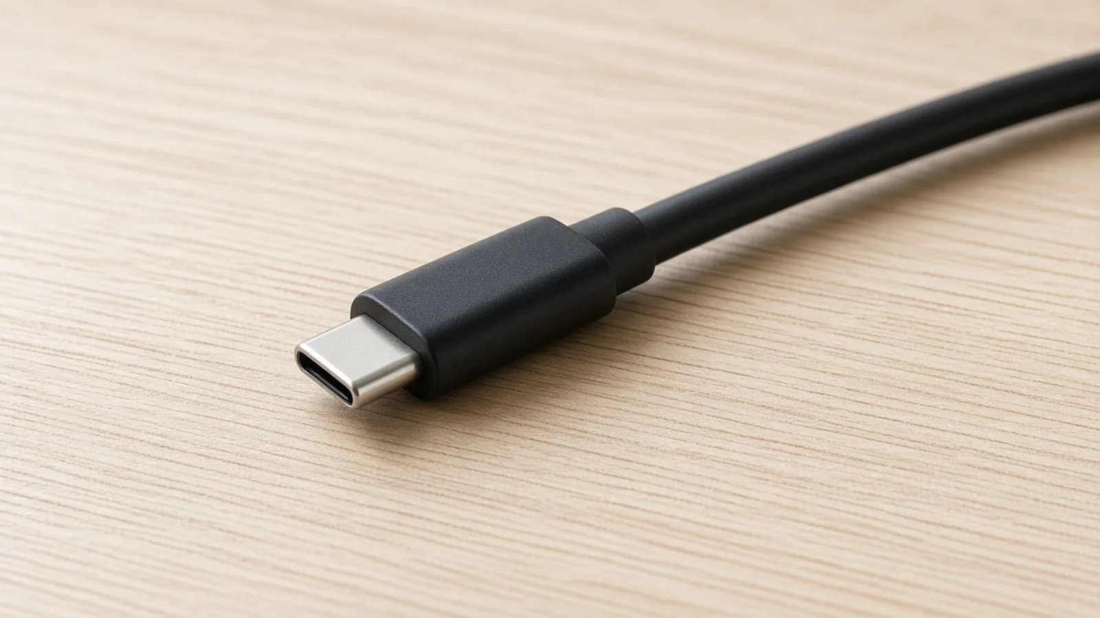 A USB-C plug and a short length of black cable on a wood desk