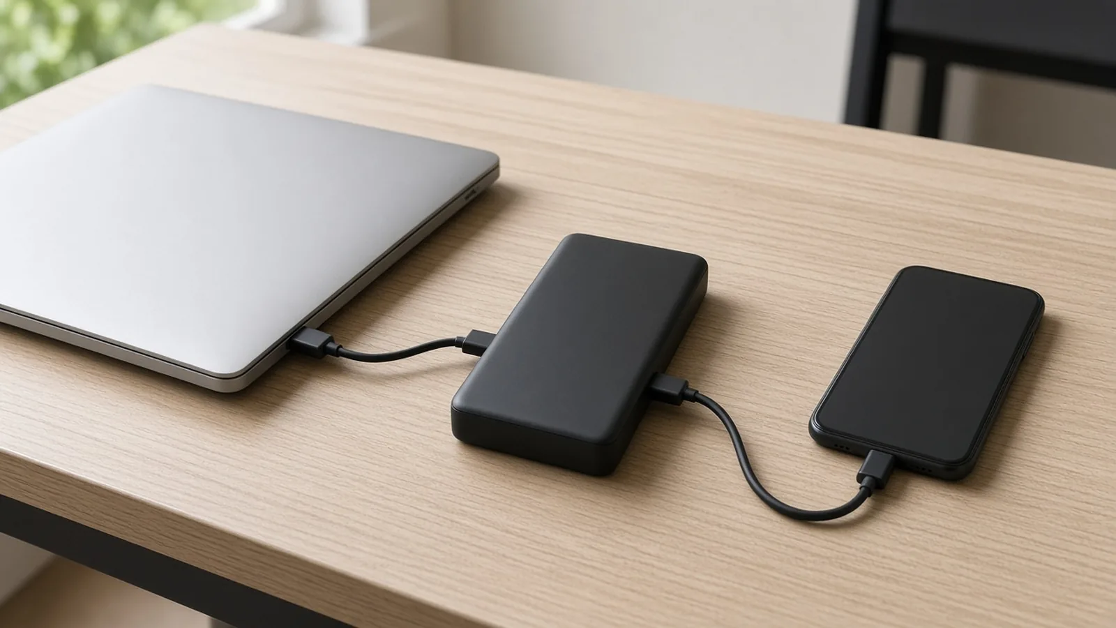 A black power bank on a wood desk, connected by cables to a silver laptop and a black phone