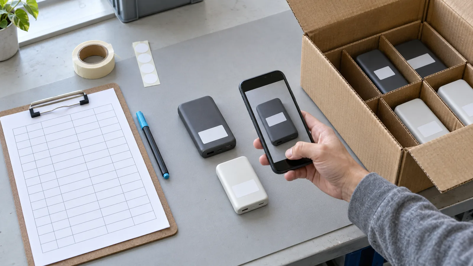 Opened carton of plain grey and white power banks on a workbench; a hand photographs one unit's blank label with a phone beside a clipboard holding an empty grid log