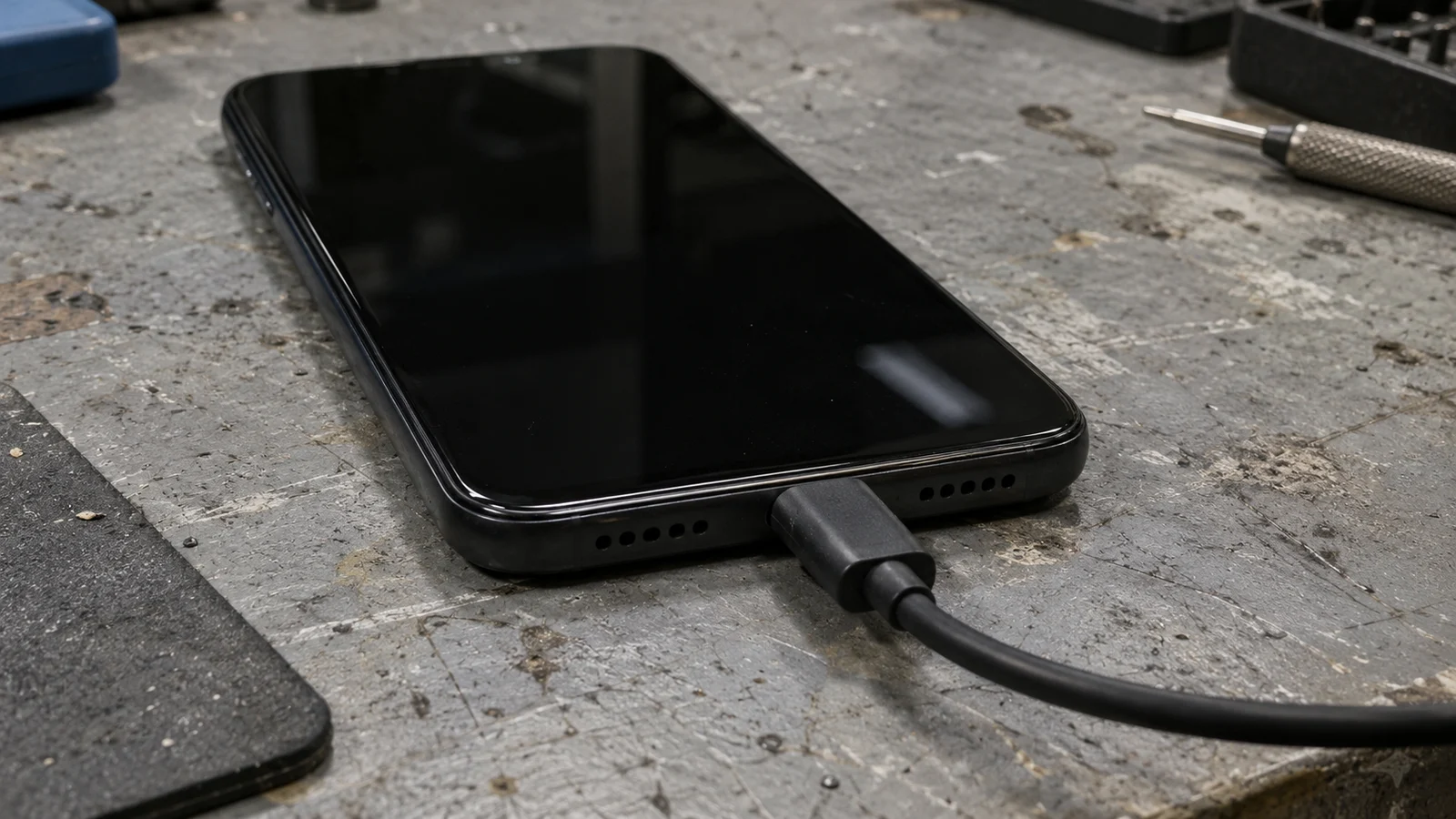 A black USB-C cable connected to the bottom edge of a dark phone with its screen off on a worn workbench