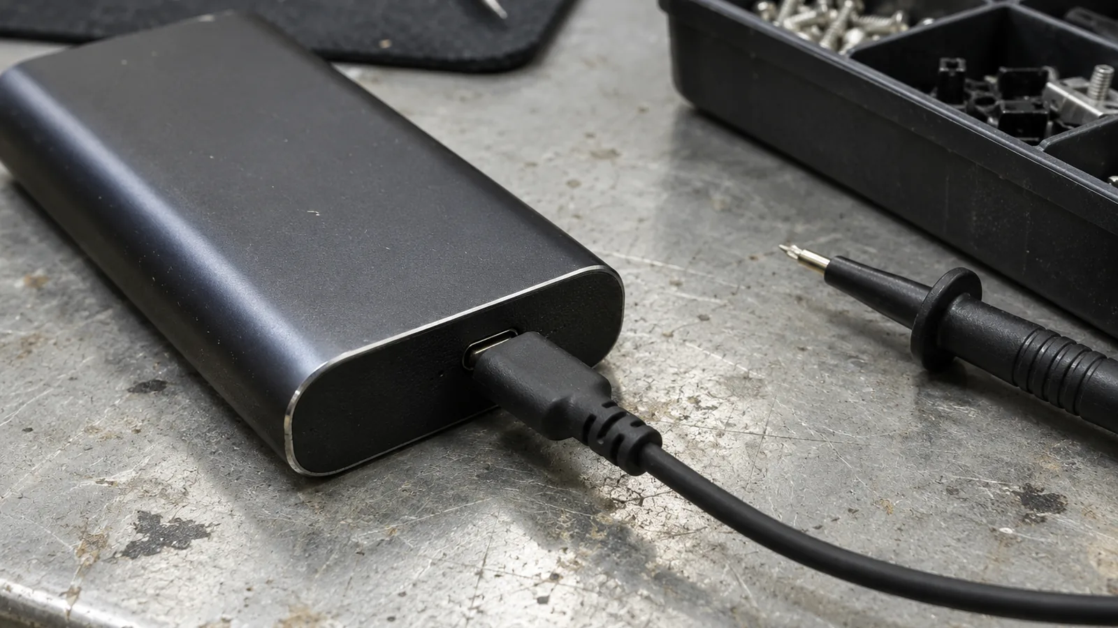 Black USB-C connector seated in the port of a dark anodized portable battery pack on a scarred grey workshop bench with a test probe tip and parts tray nearby