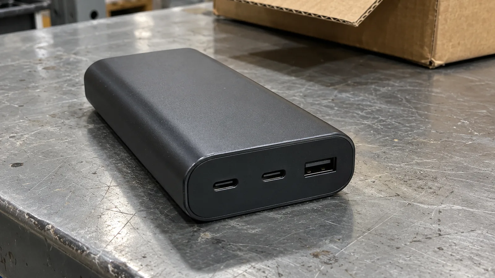 Bevelled end of a dark portable power bank showing two USB-C ports and one USB-A port on a scratched grey steel receiving bench beside a plain corrugated carton flap