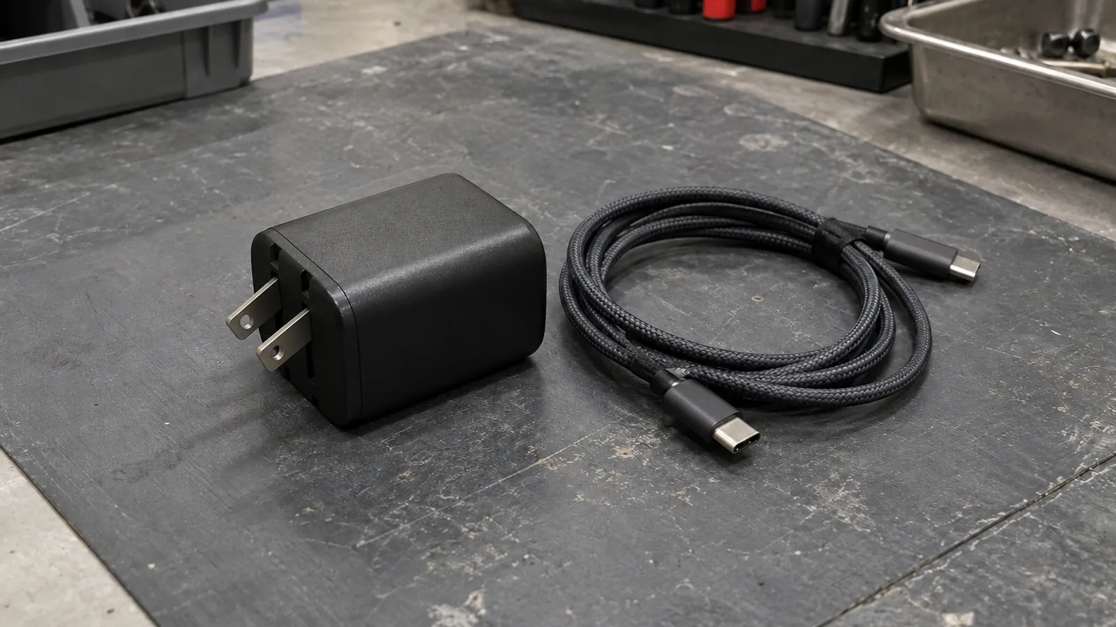 Dark matte multi-port wall charger lying on its side with foldable flat AC prongs partially extended beside a coiled braided USB-C cable on a scuffed grey work mat